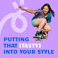 Woman skateboarding Instagram post template, fashion quote vector