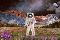 Astronaut in nature background, collage art, surreal remixed media psd 