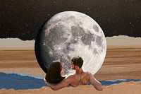 Couple vacation background, moon collage art, remixed media psd 