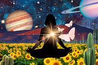 Enlightment meditation background, galaxy collage art remixed media