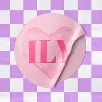 Cute pink ILY round sticker on checkered pattern design