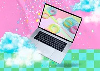 Laptop with colorful backdrop, retro modern design