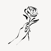 Hand holding rose ink brush, aesthetic line art