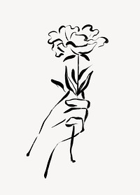 Hand holding rose ink brush, aesthetic line art