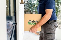 Parcel box mockup, delivery man at the doorstep psd