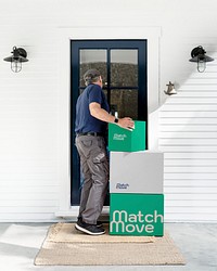 Parcel box mockup, delivery man at the doorstep psd