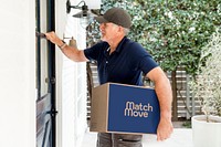 Parcel box mockup, delivery man at the doorstep psd