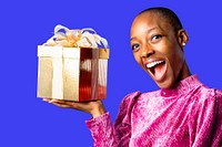 Happy black woman holding a gift box