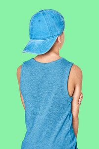 Back view boy's blue tank top with blue cap