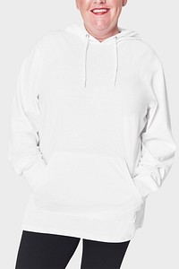 Women&#39;s white hoodie mockup psd fashion shoot in studio