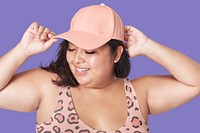 Cap mockup, plus-sized woman in bikini psd