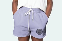 Women&rsquo;s purple shorts psd mockup with logo apparel shoot