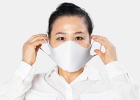 Covid-19 face mask psd mockup in white protection unisex apparel