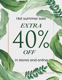 Summer sale flyer template, tropical leaves, editable text psd