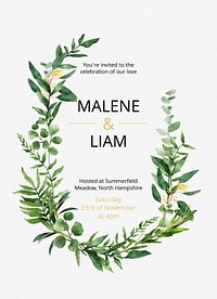 Botanical wedding invitation card template, editable text psd