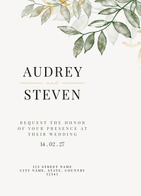 Botanical wedding invitation card template, editable text vector