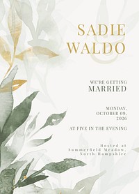 Botanical wedding invitation card template, editable text vector