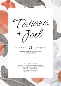 Floral wedding invitation card template, editable text vector