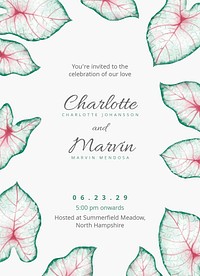 Leaf wedding invitation card template, editable text psd