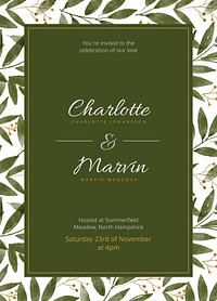 Green wedding invitation card template, editable text vector