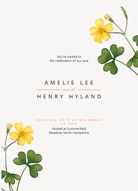 Summer wedding invitation card template, editable text vector