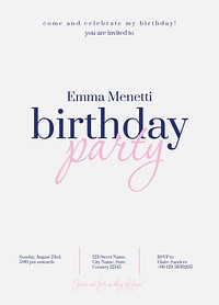 Birthday party invitation card template, editable text vector