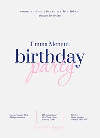 Birthday party invitation card template, editable text psd