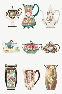 Vintage floral pattern on vector tableware set, remixed from Noritake factory china porcelain design