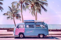 Colorful caravan parked at beach, summer aesthetic photo