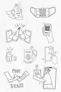 COVID-19 new normal lifestyle psd cute black doodle character collection