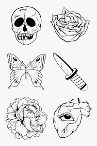 Vintage outline black and white old school flash tattoo psd icon set