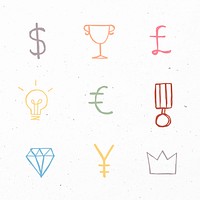 Colorful psd currency symbols icons doodle set