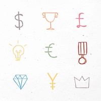Colorful vector currency symbols icons doodle set