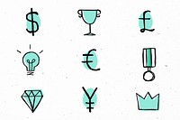 Green psd currency symbols icons doodle set