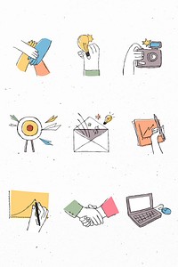 Colorful teamwork icons psd with doodle art design set