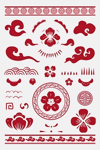 Chinese flowers red psd stickers collection