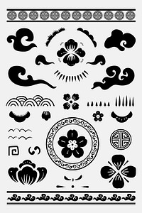 Black Chinese traditional flowers vector temporary tattoos set