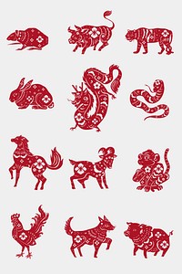 Chinese horoscope animals vector red new year stickers set