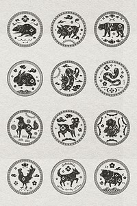 Chinese horoscope animals badges vector black new year design element collection