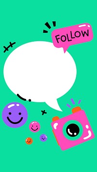 Round speech bubble psd on bright green background with camera and emoticons