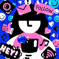 Social media addiction graphic in pink and blue funky style