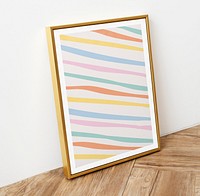 Picture frame mockup psd on wooden floor with pastel stripes image