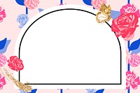 Feminine floral arched frame with pink roses on white background