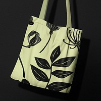 Tote bag mockup, black botanical design psd