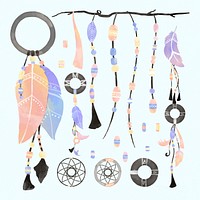 Pastel hippie style feather and bead strings set