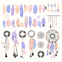 Pastel watercolor feather and dreamcatcher tribal design