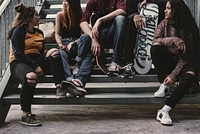 Teenage skateboarders hanging out, hobby, street urban photo