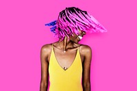 Girl shaking her pink braided hair psd