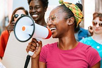 African-American holding megaphone, peaceful protest