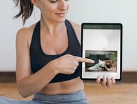 Tablet screen editable mockup, yoga woman psd
